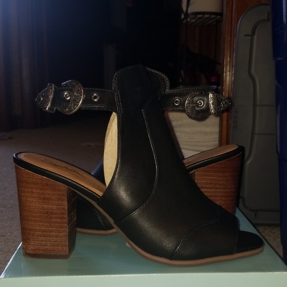 Anthropologie Western buckle wedge heels